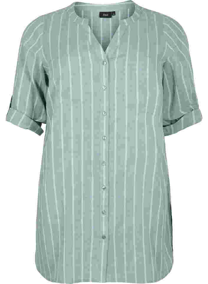 Gestreept v-hals overhemd, Balsam Green Stripe, Packshot image number 0