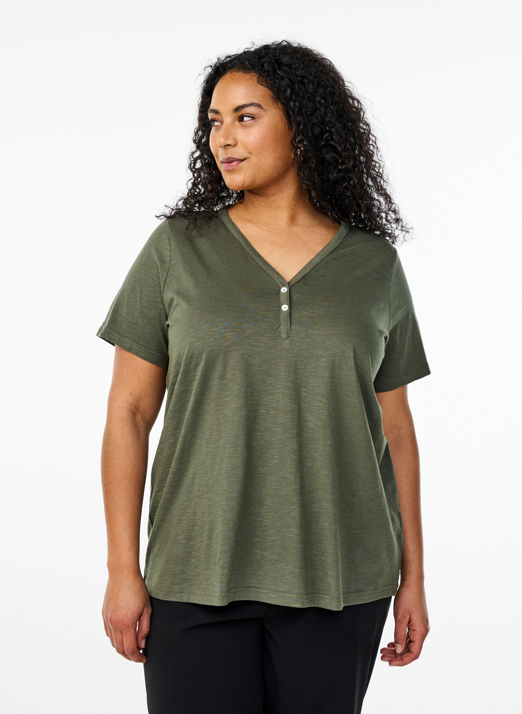 T-shirt met knoopdetail, Groen, Model