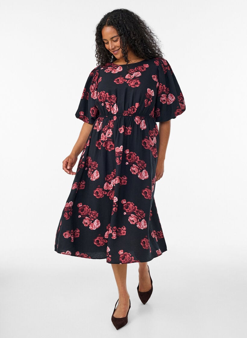 Midi-jurk met rozenprint en korte ballonmouwen, Zwart, Model image number 0