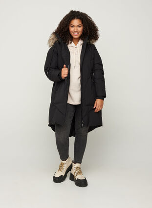 Manteau d'hiver avec capuche et bordure en fausse fourrure, Black, Model image number 3