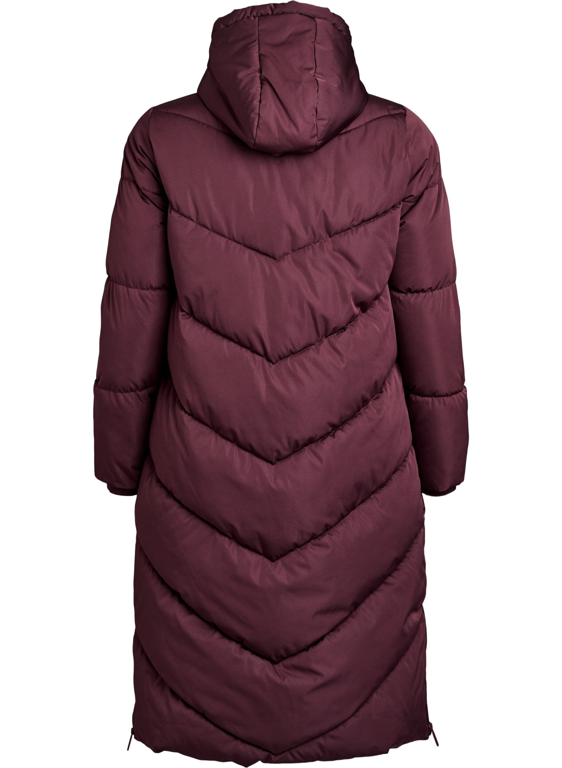 ZizziLange pufferjas met capuchon en zakken, Donker Bordeaux, Packshot image number 1