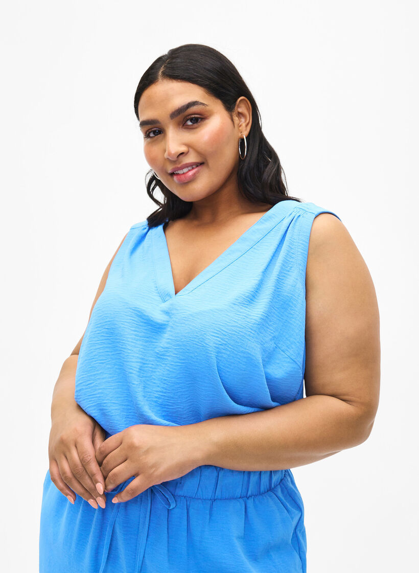 Mouwloze top met kreukeffecten, Blauw, Model image number 0