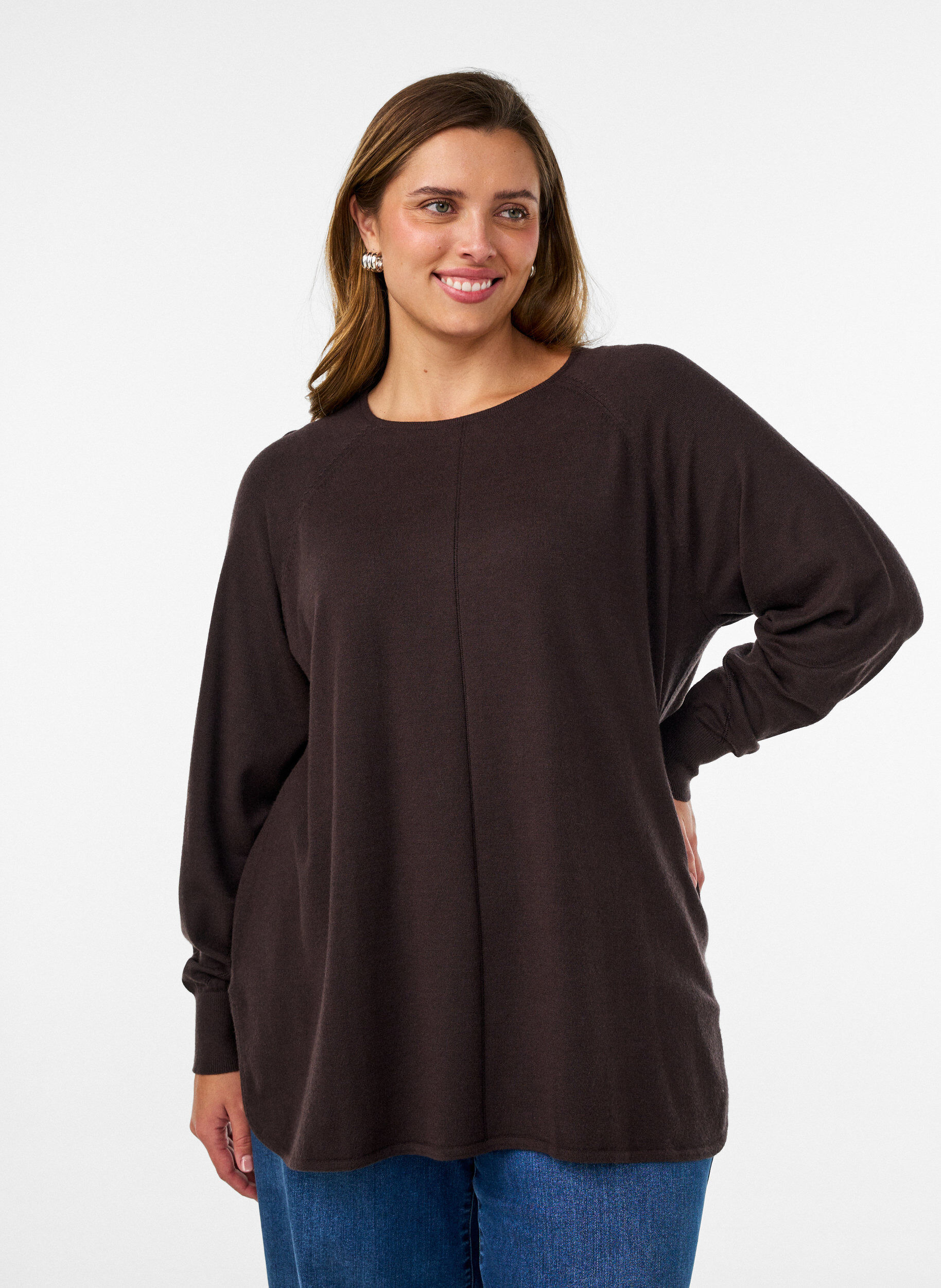 Chemisier en tricot avec col rond et motif tricot, Marron, Model