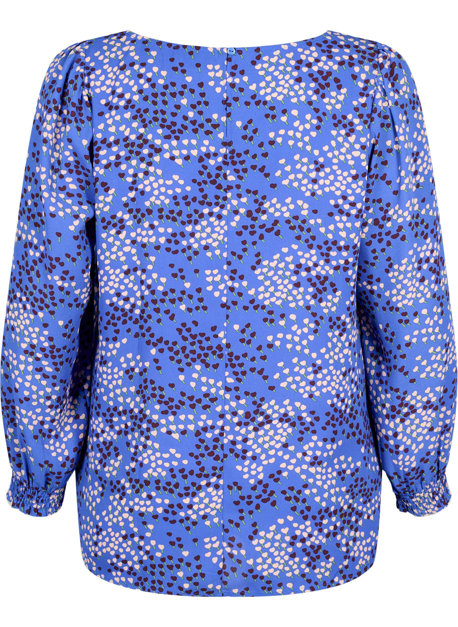 ZizziFLASH - Blouse met lange mouwen, smok en print, Dazzling Blue AOP, Packshot image number 1