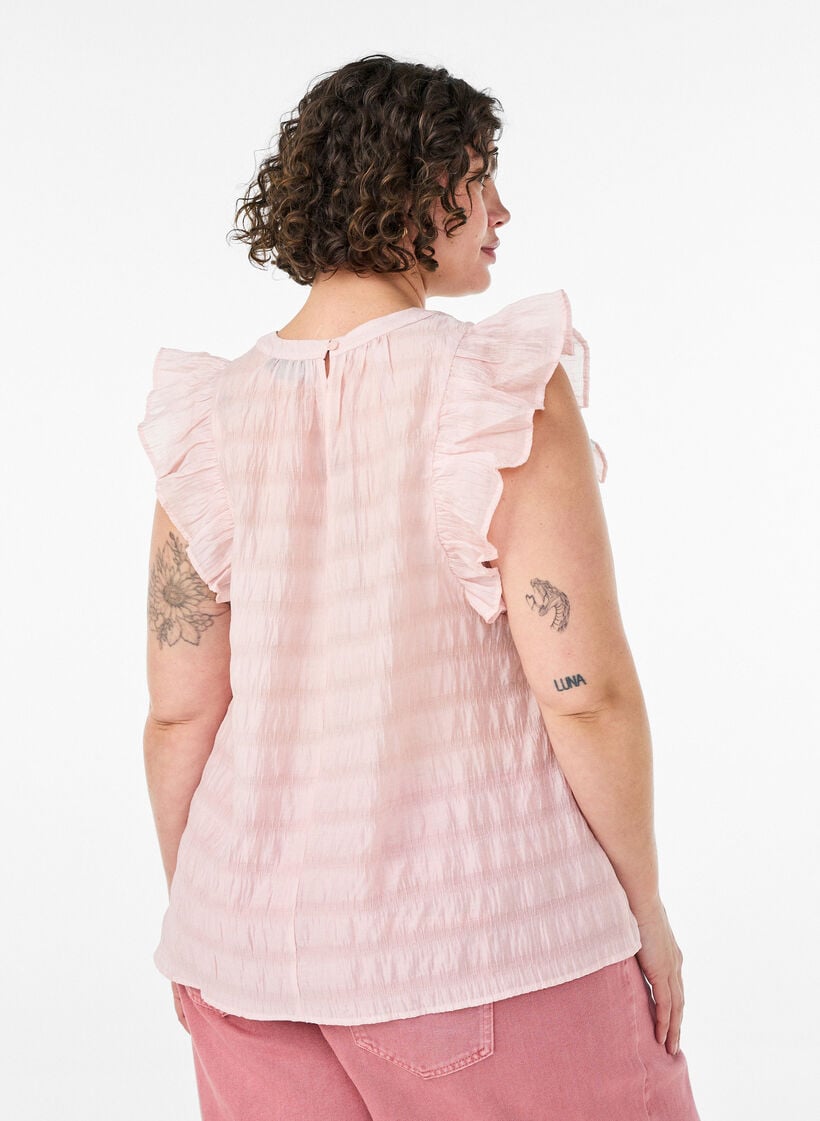 Blouse sans manches textur&eacute;e avec volants, Rose, Model image number 2