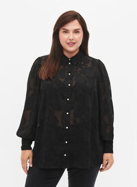 Jacquard overhemd met parelknopen, Black, Model
