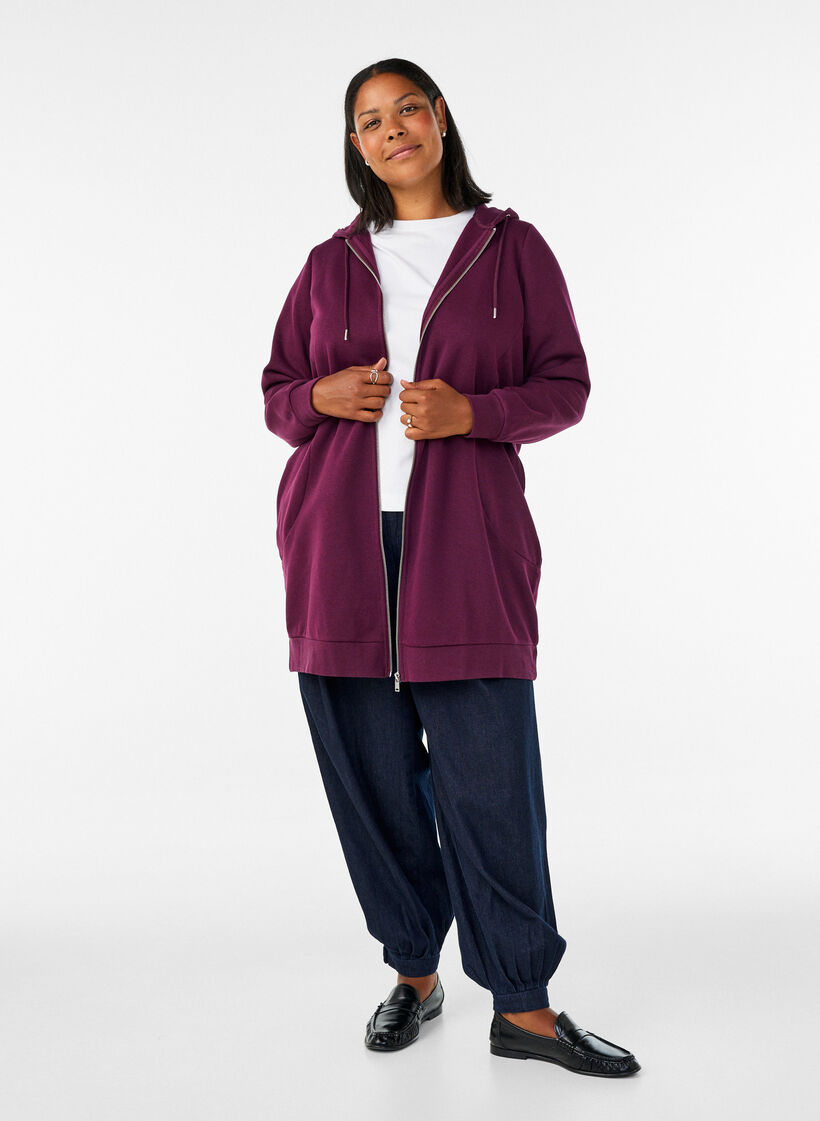 Lange hoodie met ritssluiting en zakken, Paars, Model image number 1