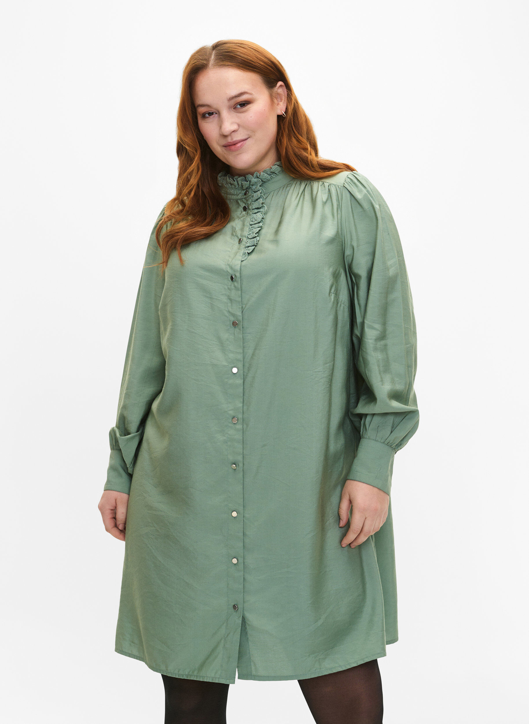 ZizziViscose Shirt Jurk met ruffles, Groen, Model image number 0