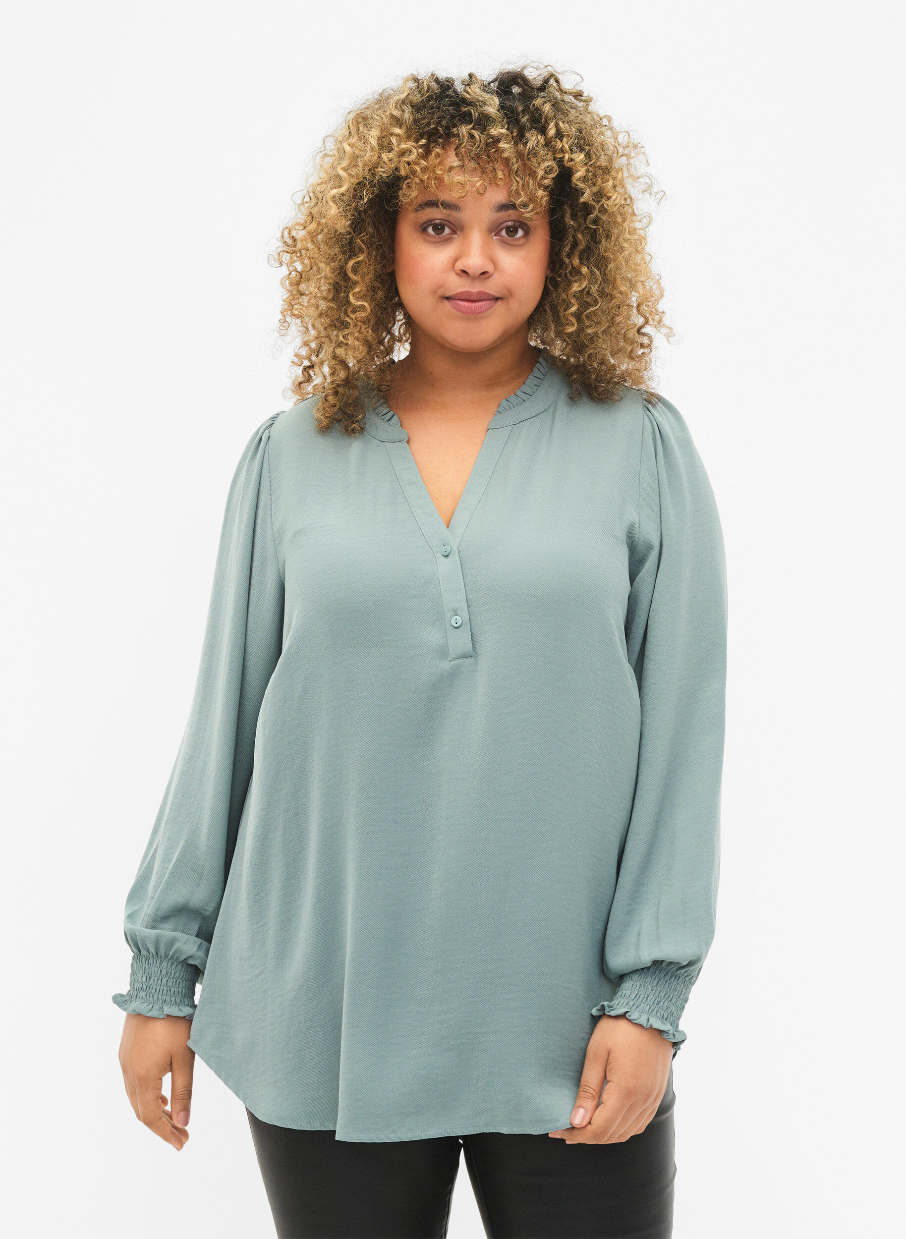 Zizzi Blouse avec smocks et d&eacute;collet&eacute; en V, Chinois Green, Model image number 0