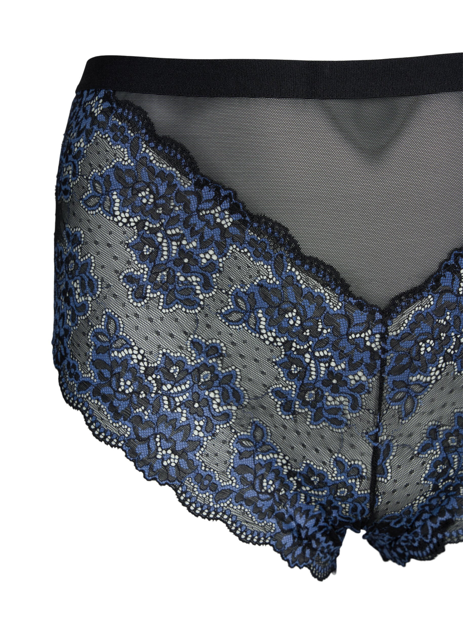 ZizziKanten slip met high waist, Black w. blue lace, Packshot image number 2