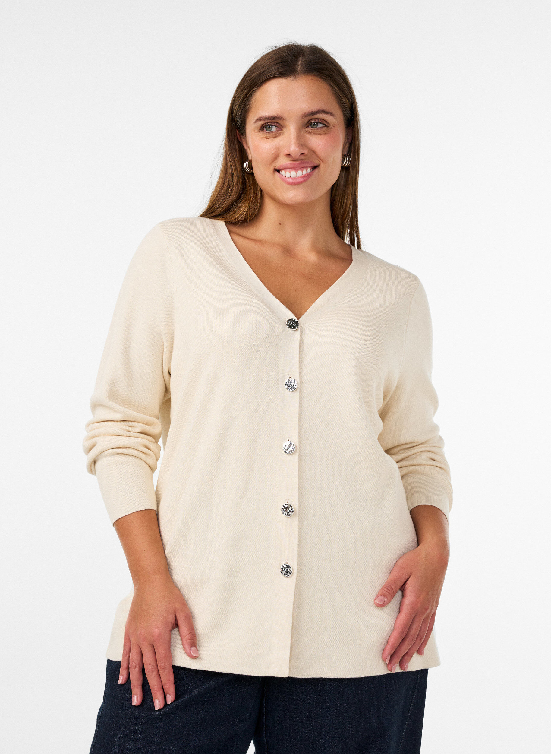 ZizziFijngebreide cardigan met decoratieve knopen, Vanille, Model image number 0
