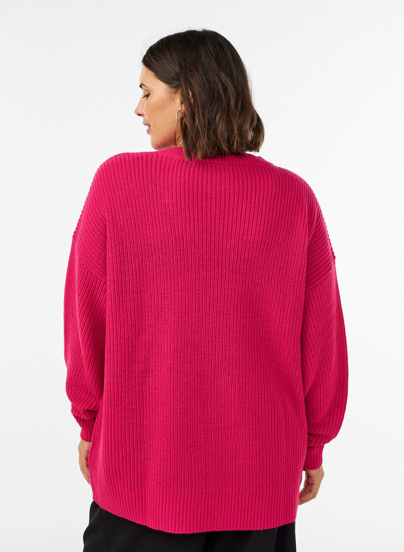 Lange ribgebreide blouse met V-hals, Roze, Model image number 2