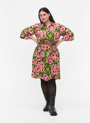 Robe chemise en viscose à imprimé floral, Pink G. Flower AOP, Model image number 2