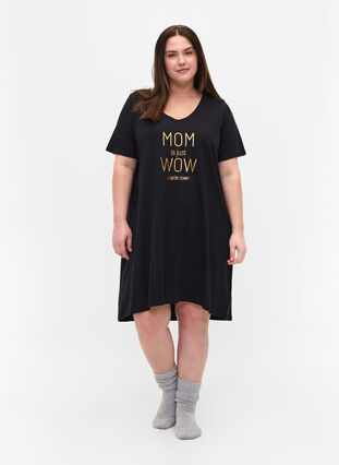 Chemise de nuit en coton à manches courtes, Black w. Copper MOM, Model image number 2