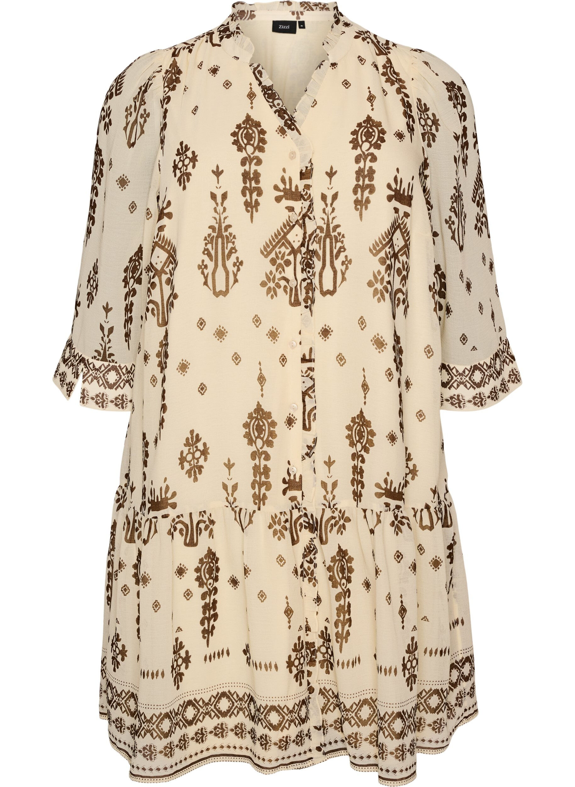 ZizziRobe avec imprim&eacute; ornemental et col &agrave; volants, Beige, Packshot image number 0