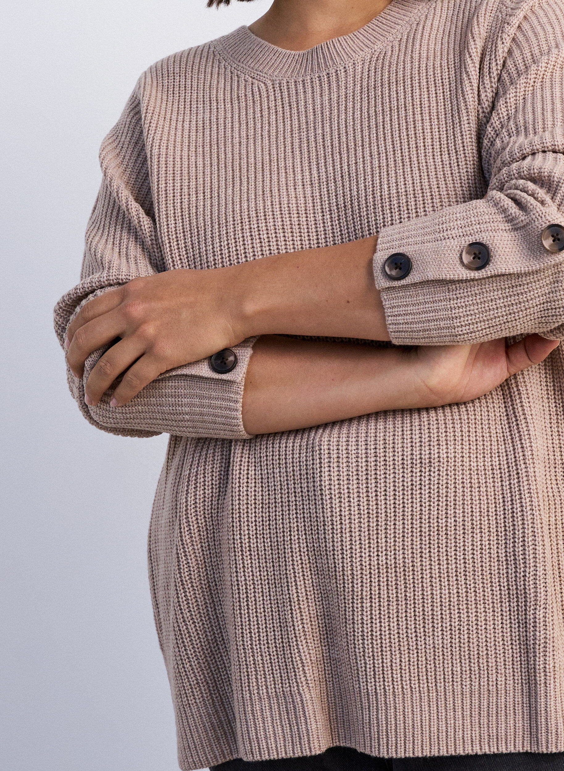 ZizziGebreide blouse met ribstructuur en knoopdetails, Beige, Model image number 3