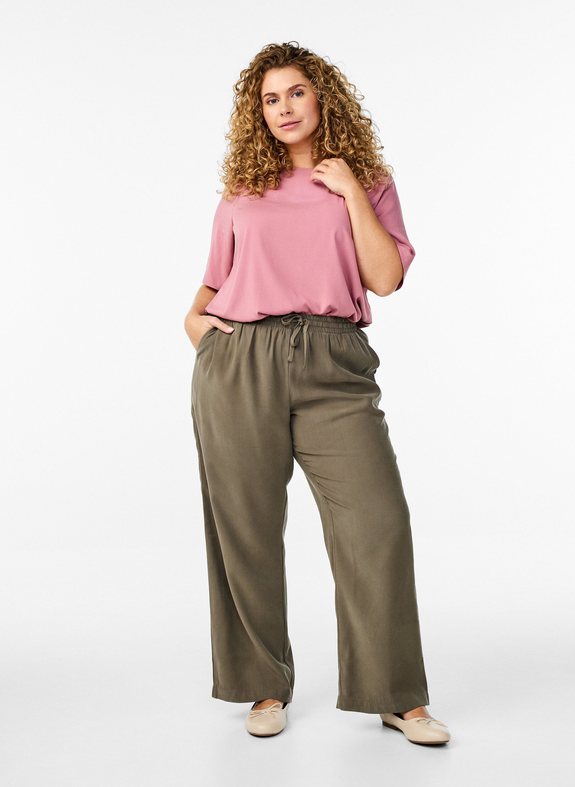 ZizziGeweven blouse met korte mouwen en ronde hals, Roze, Model image number 1