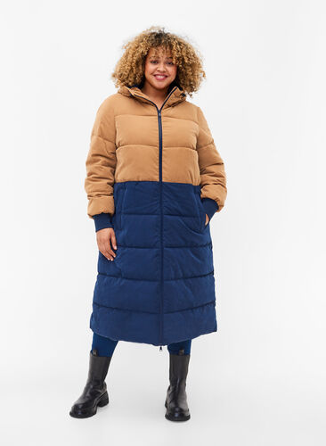 Manteau d'hiver long avec bloc de couleurs, Tobacco Brown w/navy, Model image number 0