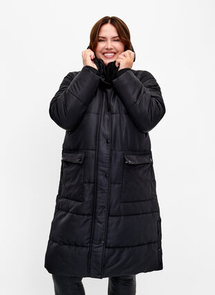 Longue veste polaire avec poches et capuche, Black, Model image number 0