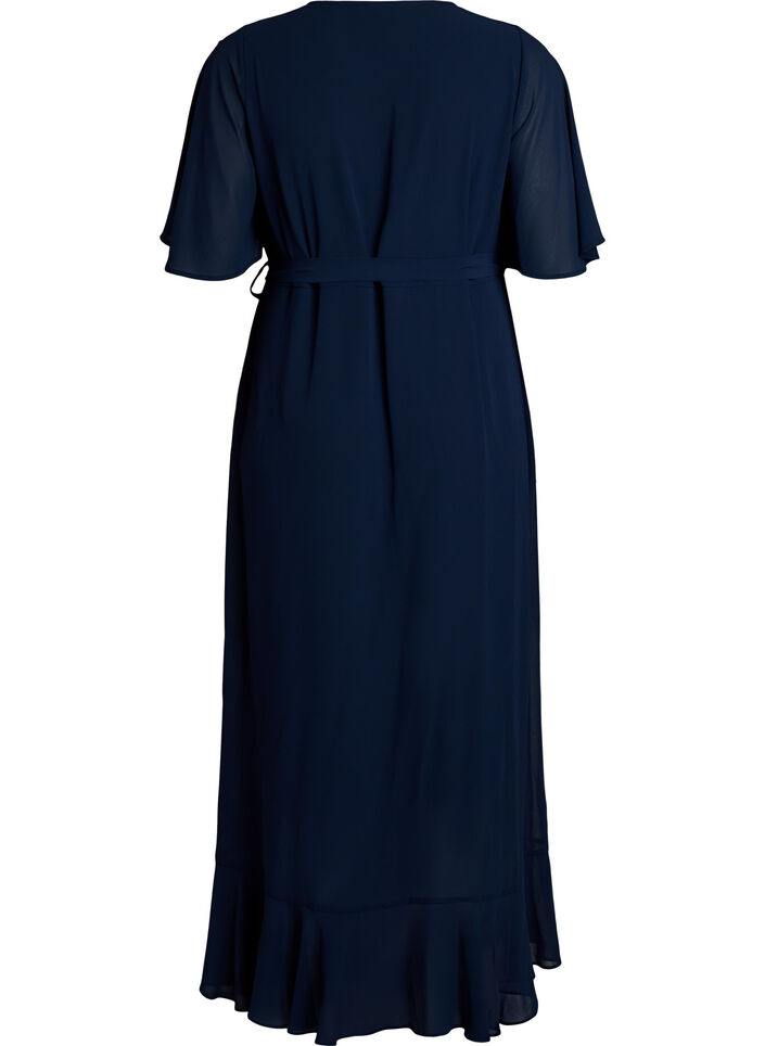Robe longue en mousseline avec d&eacute;collet&eacute; en V et ourlet &agrave; volants, Bleu, Packshot image number 1