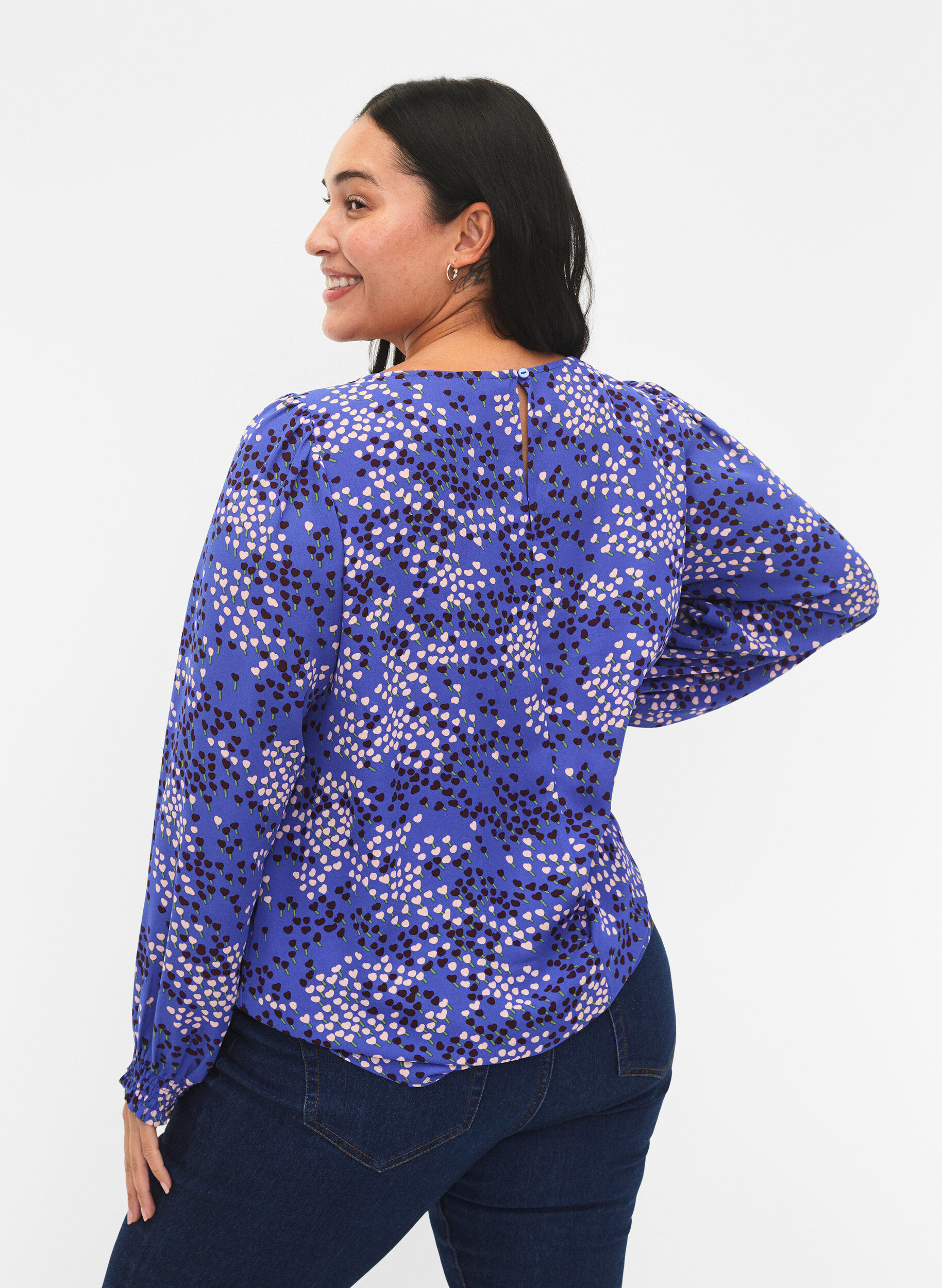 ZizziFLASH - Blouse met lange mouwen, smok en print, Dazzling Blue AOP, Model image number 1