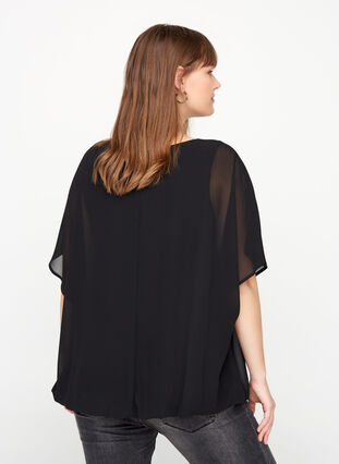 Korte blouse met losse mesh mouwen, Black, Model image number 1