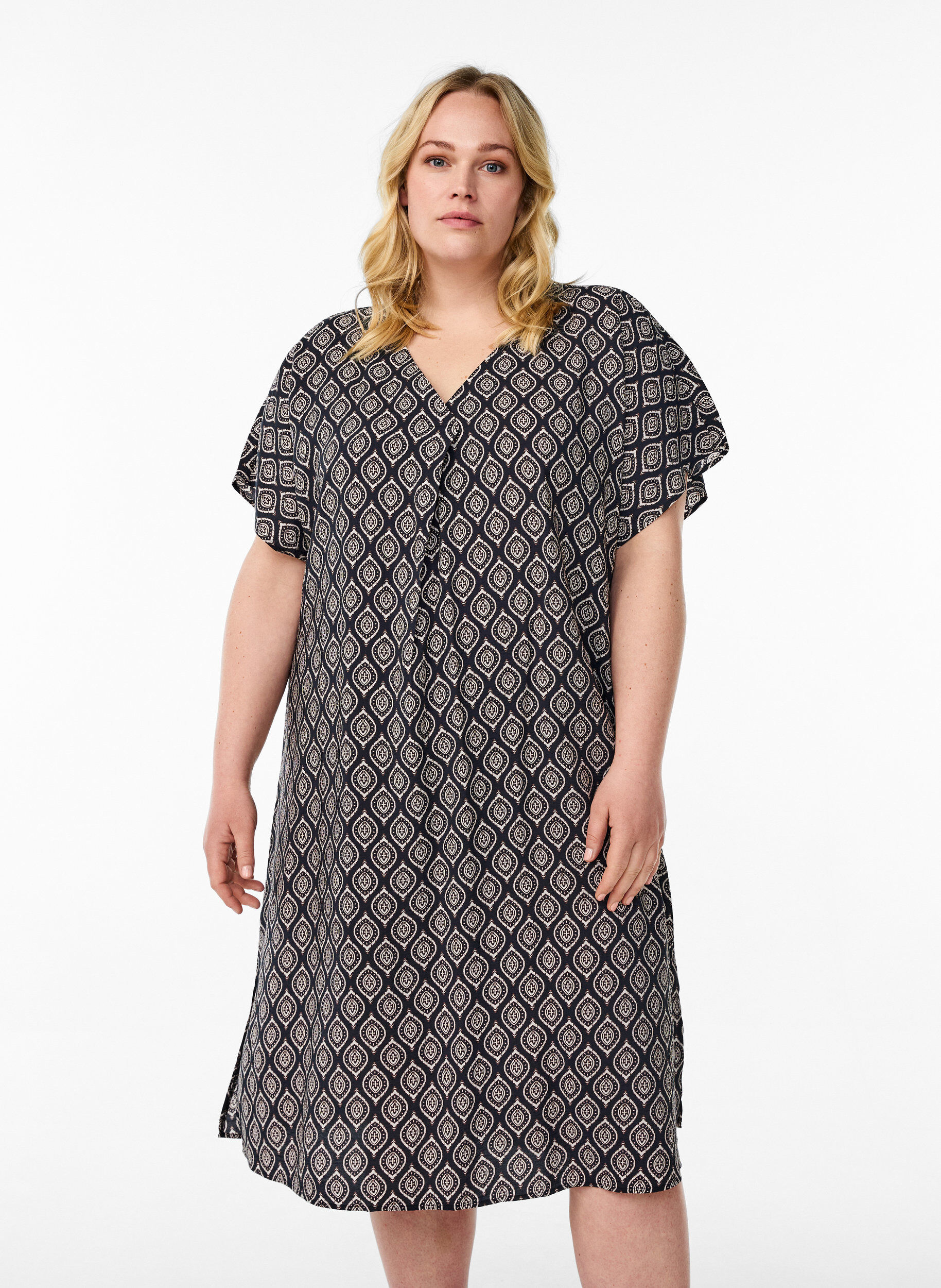 Jurk met V-hals van viscose, Blauw, Model