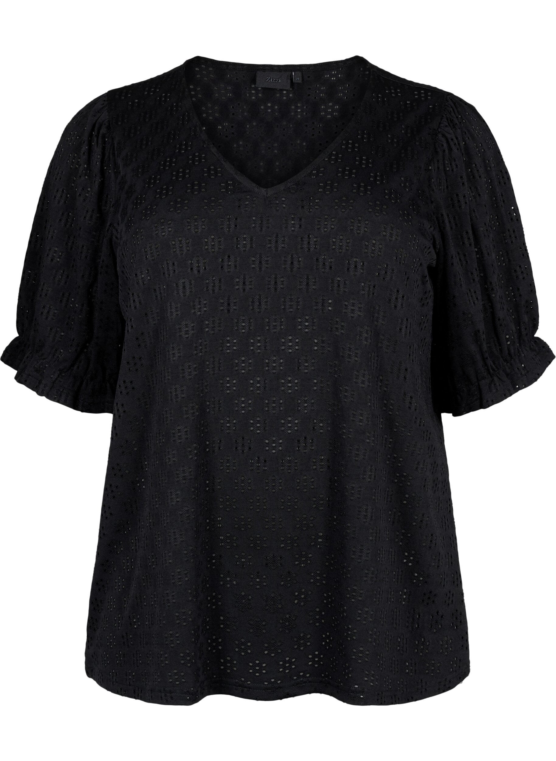 ZizziBlouse met V-hals en gaatjespatroon, Black, Packshot image number 0