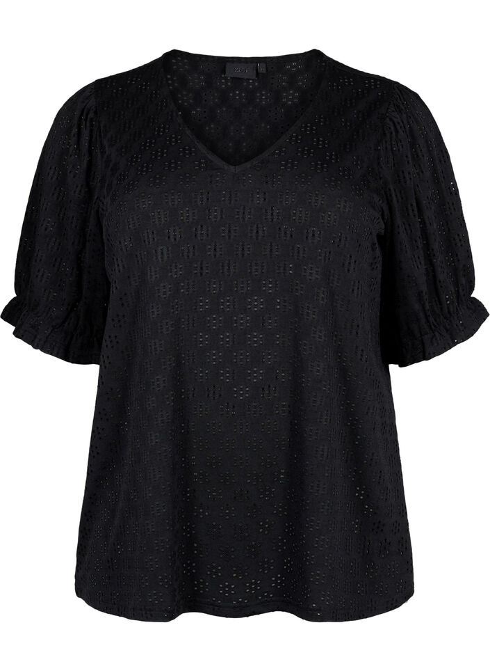 Blouse met V-hals en gaatjespatroon, Black, Packshot image number 0