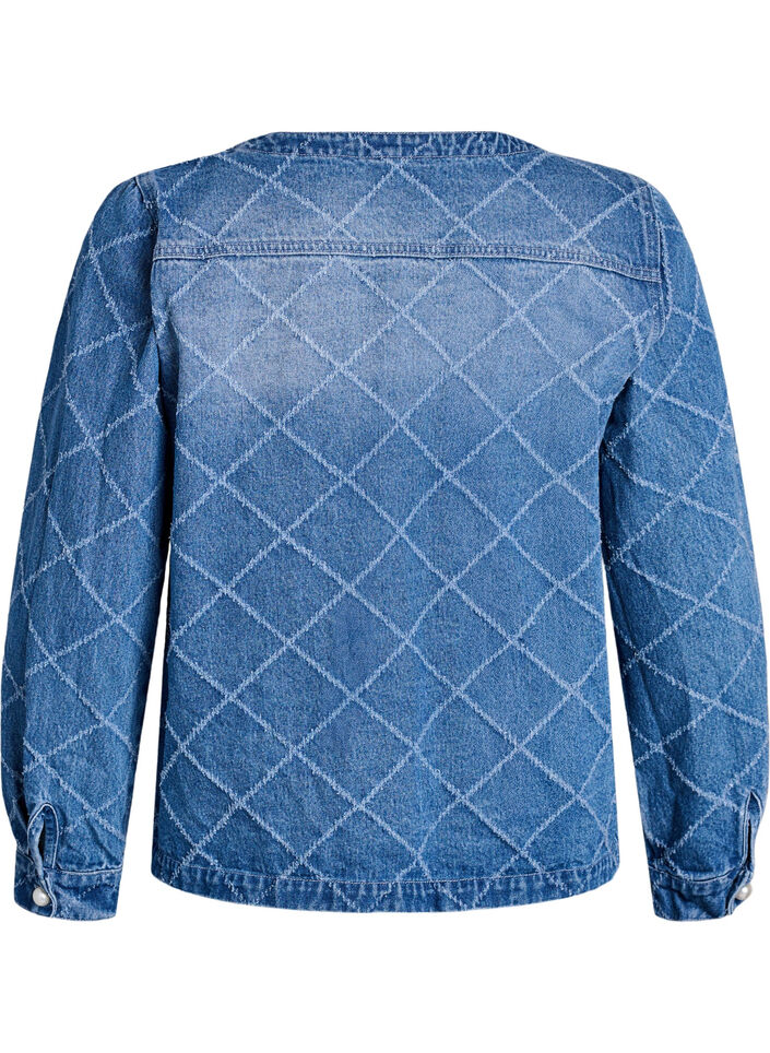 Denim blouse met destroyed patroon en pareldetails, Blauw, Packshot image number 1
