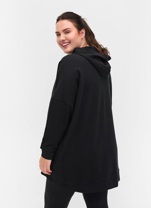 Katoenen sweatshirt met capuchon en high-low effecet, Black, Model image number 1
