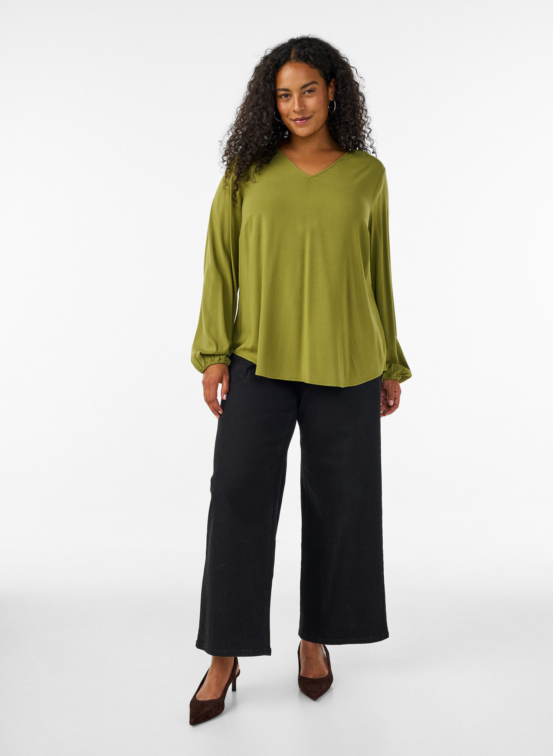 ZizziViscose blouse met V-hals en lange mouwen, Groen, Model image number 1