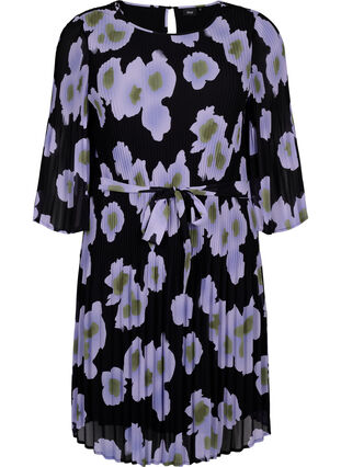 Robe plissée imprimée avec lien à nouer, Black w. Floral, Packshot image number 0
