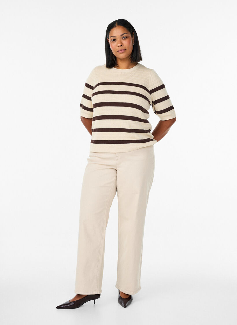 Blouse en maille ray&eacute;e &agrave; manches courtes, Vanille, Model image number 1