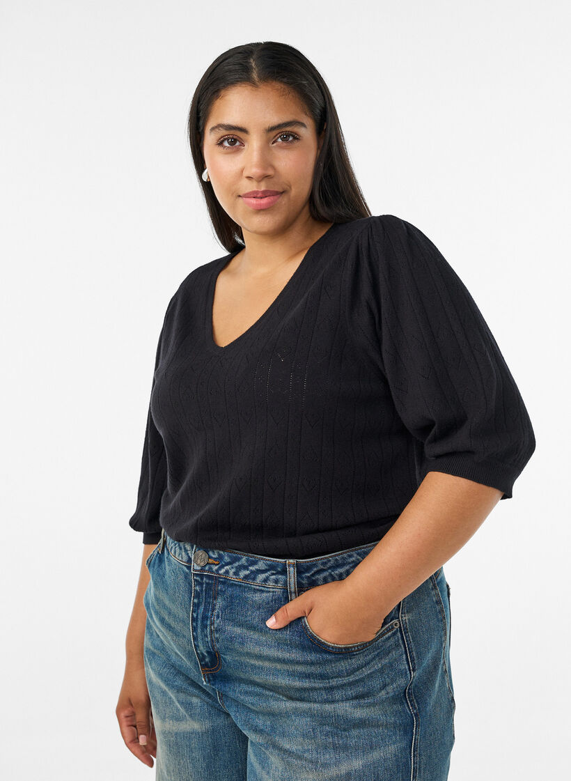 Blouse en maille pointelle &agrave; manches courtes, Noir, Model image number 0