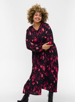 Viscose midi-jurk met lange mouwen, Black Pink AOP, Model image number 2