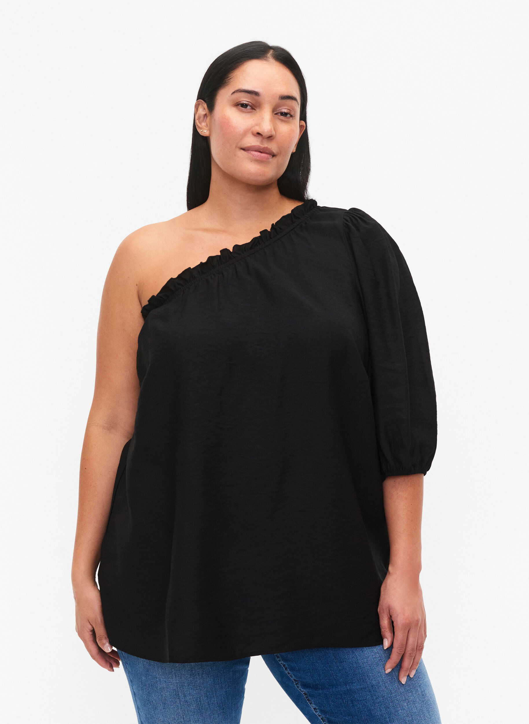 ZizziOne-shoulder blouse in viscose, Zwart, Model image number 0