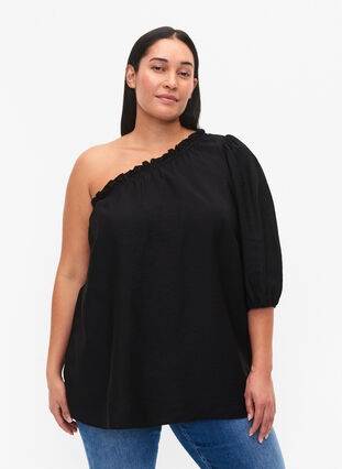 blouse à une épaule en viscose, Black, Model image number 0
