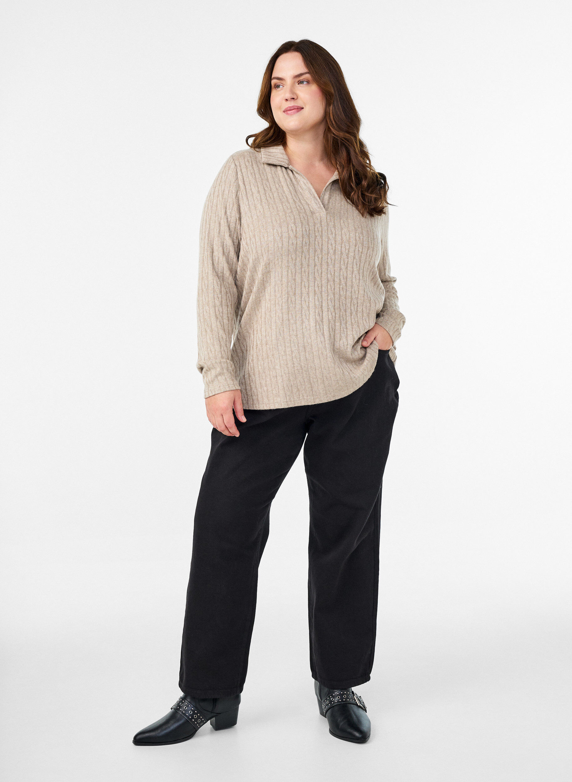 ZizziGebreide blouse met kraag en kabelpatroon, Beige, Model image number 1