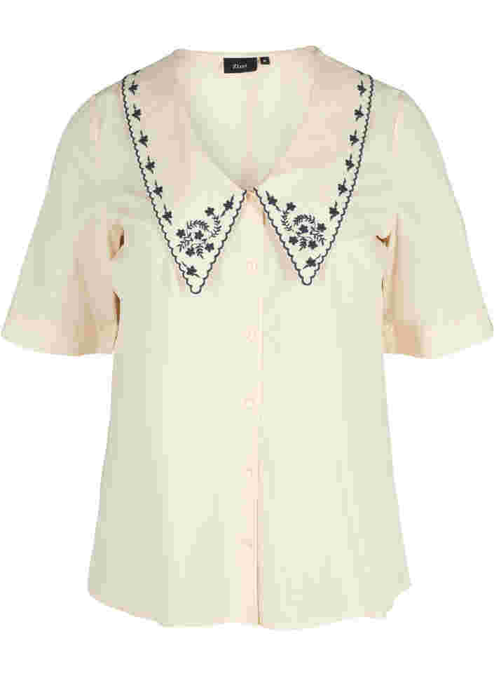 Chemise à manches courtes en coton à grand col, MotherOfPearl w.Blue, Packshot image number 0