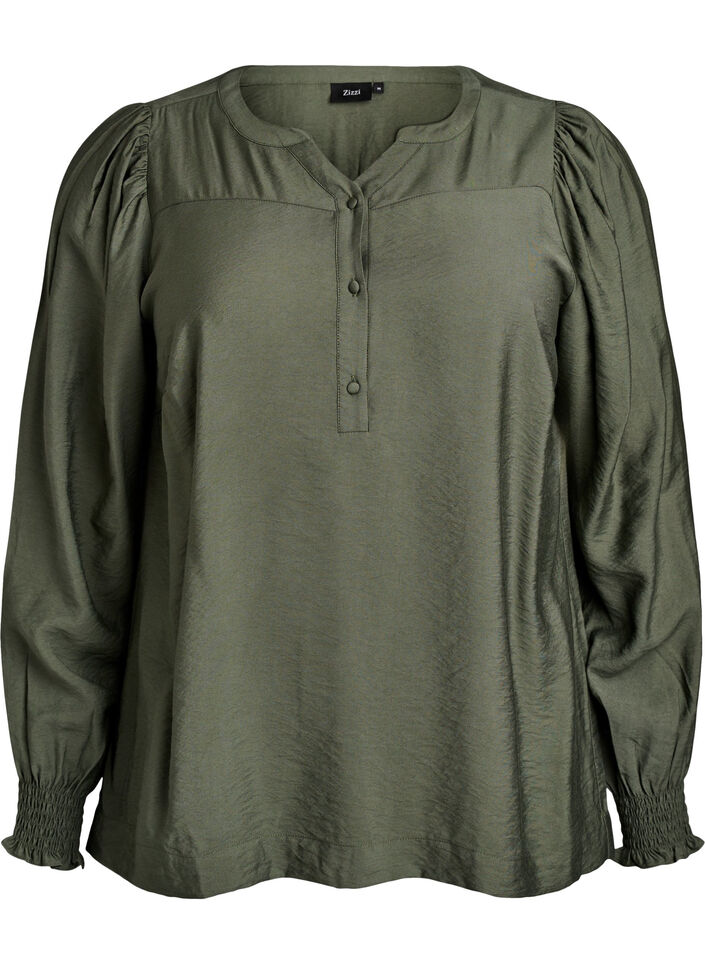 Blouse en viscose avec smock et d&eacute;tails fronc&eacute;s, Vert, Packshot image number 0