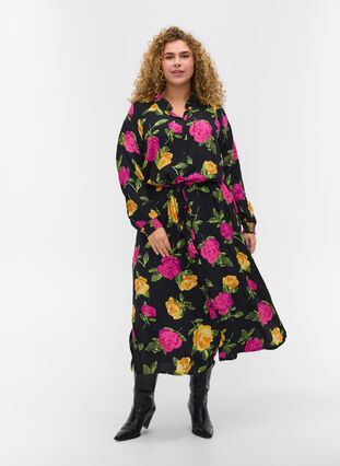 Gebloemde viscose maxi jurk met knoopsluiting, Black Flower AOP, Model image number 2