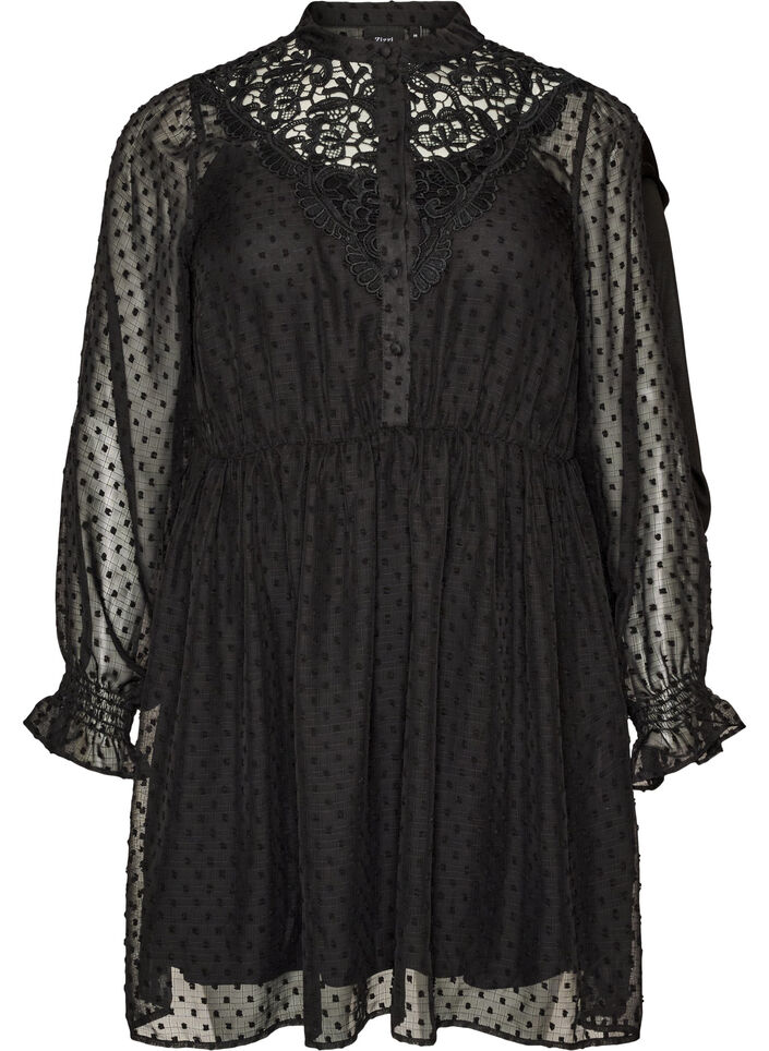 Robe en mousseline avec dentelle guipure et taille empire, Noir, Packshot image number 0