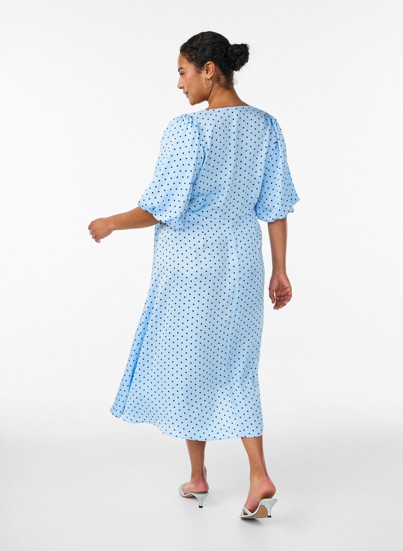 Polkadot midi-jurk met vierkante halslijn, Blauw, Model image number 2