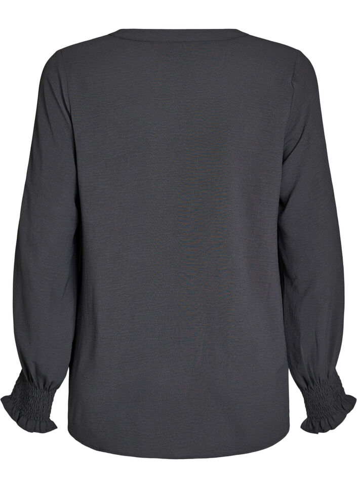 Blouse avec poignets smock&eacute;s et col en V, Gris anthracite, Packshot image number 1