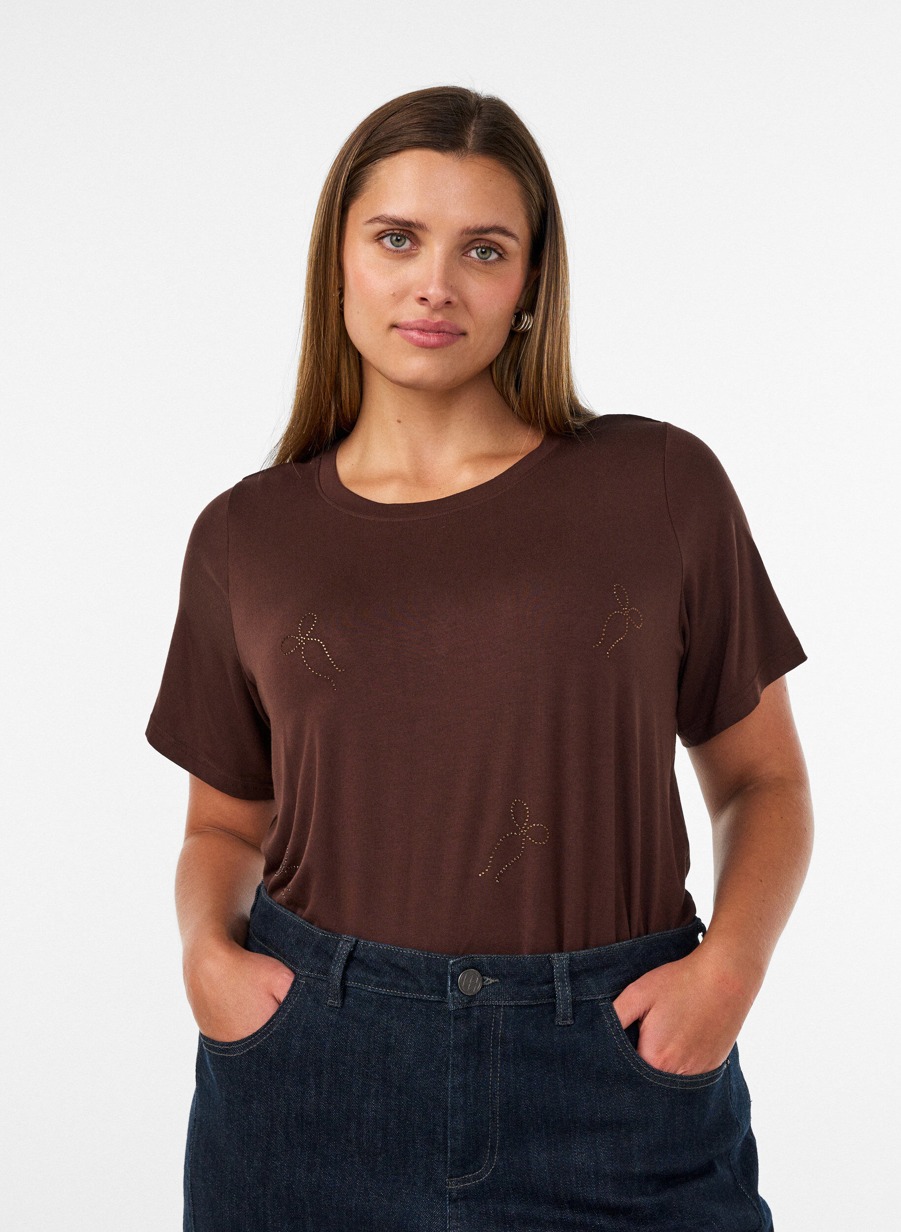 ZizziT-shirt en viscose avec strass, Marron, Model image number 0