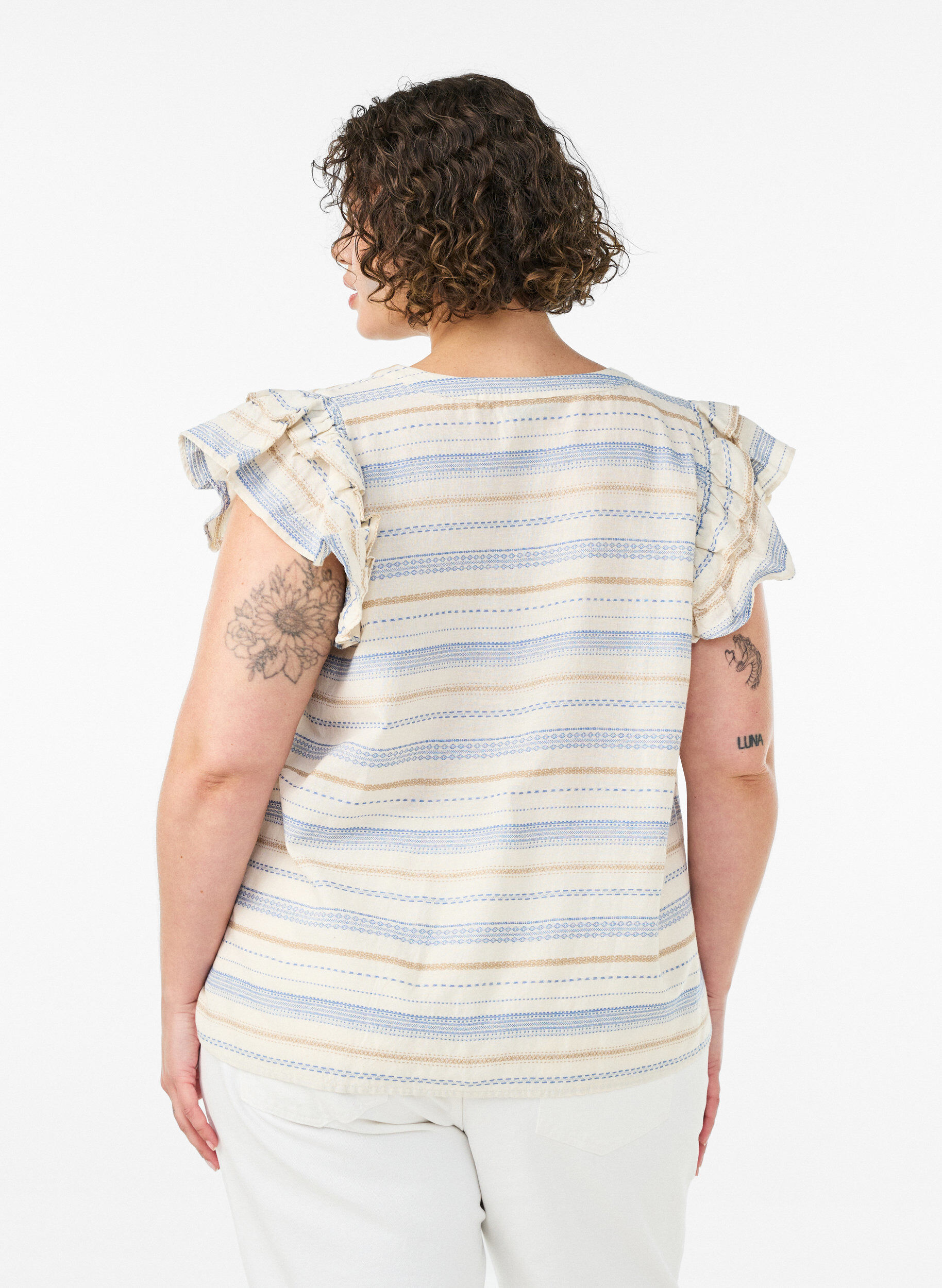 ZizziBlouse sans manches avec volants et rayures &agrave; motifs, Vanille, Model image number 2