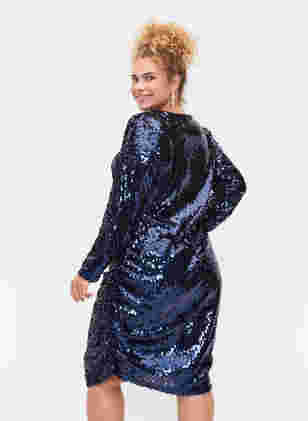 Robe avec paillettes et col en V, Evening Blue, Model