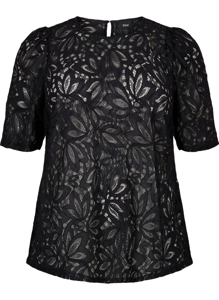 Kanten blouse met korte mouwen, Black, Packshot image number 0