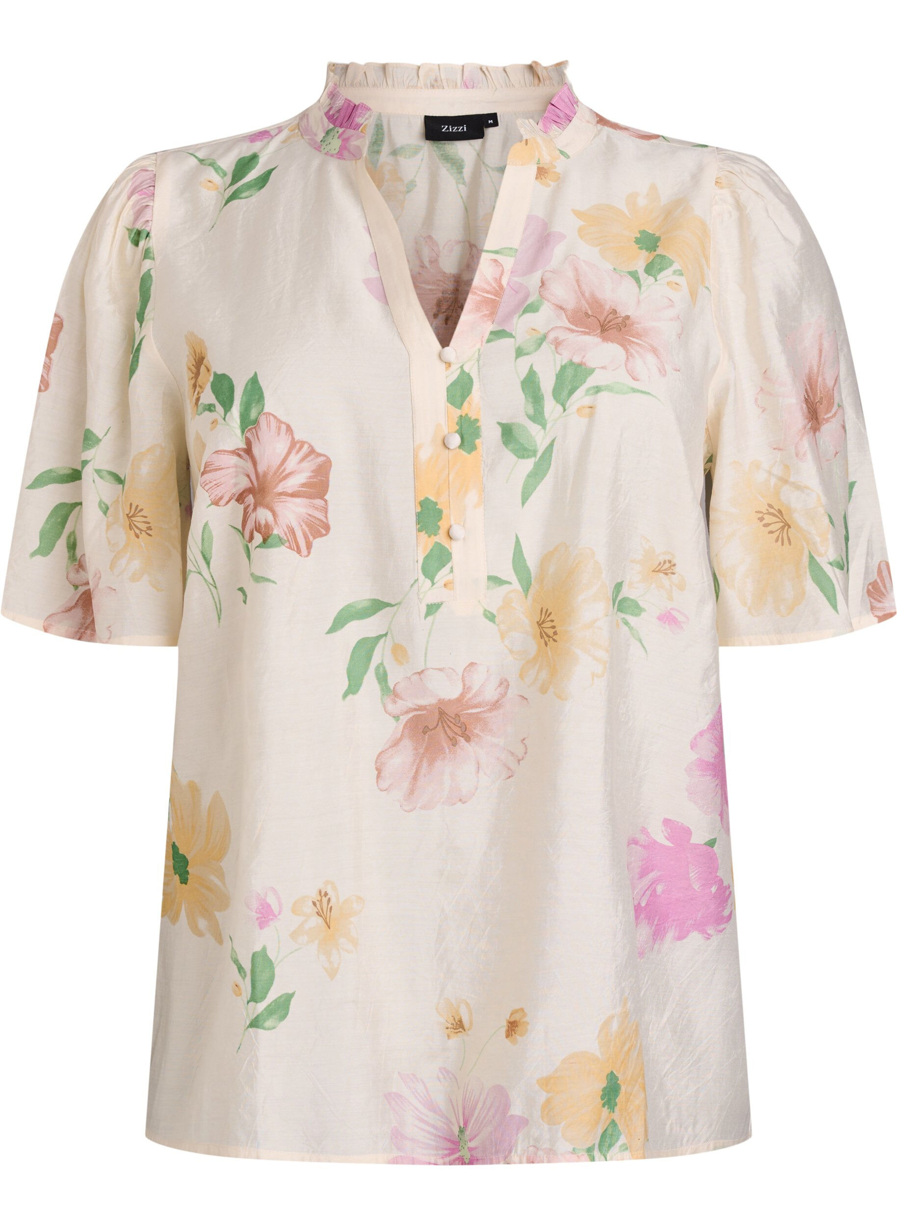 Zizzi Blouse fleurie avec col &agrave; volants et manches courtes, Beige, Packshot image number 0